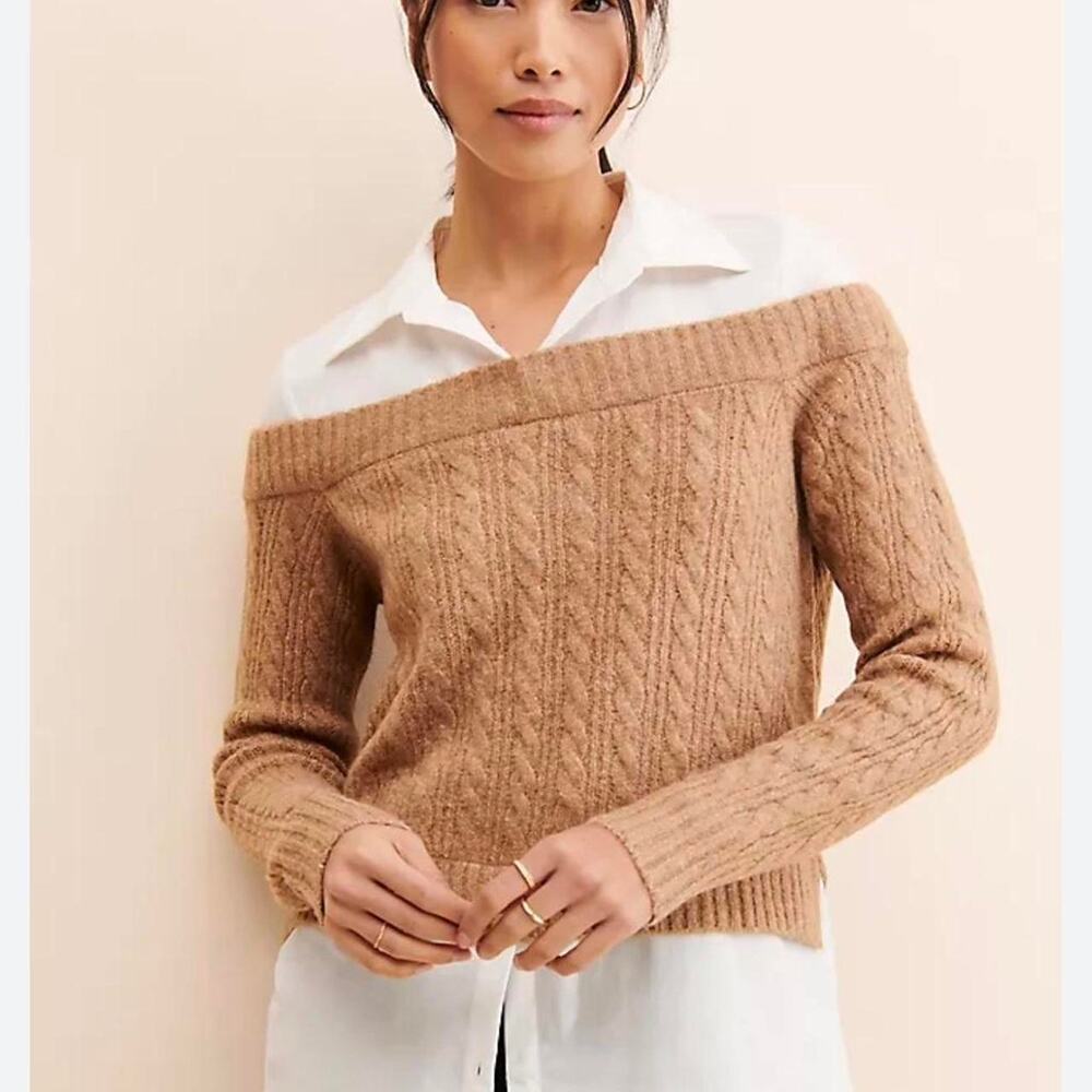 Anthropologie Free People LS Twofer Sweater Brown/White Sz S Cottage Core NEW!